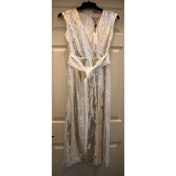 Badgley Mischka SC2538 Women's Sz 6 White Sequined Cocktail Midi Dress - Picture 1 of 12